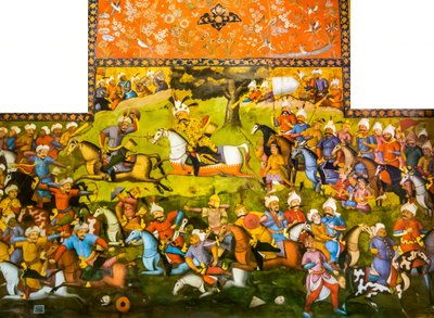 Battaglia di Taher-Abad o Battaglia di Merv con la vittoria di Shah Ismail I su Muhammad Shaybani Khan, Sala delle Udienze, Chehel Sotun, 1647 da Persian School
