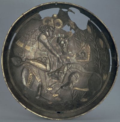 Piatto decorato con una scena del principe Varahran a caccia, dinastia sassanide (226-651) (argento con doratura) da Persian School