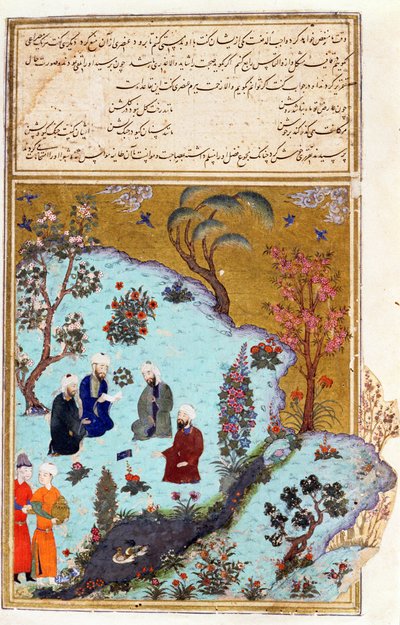 Firdawsi e i tre poeti di corte di Ghazna, illustrazione dallo Shahnama (Libro dei Re), di Abul-Qasim Manur Firdawsi (c.934-c.1020) c.1440-45 da Persian School