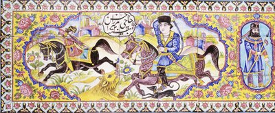 Primo cartiglio da un lungo pannello di piastrelle cuerda seca, raffigurante scene di caccia e battaglia, XIX secolo da Persian School