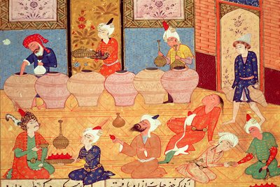 Dettaglio di un banchetto con musicisti, da un libro di poesie di Hafiz Shirazi da Persian School