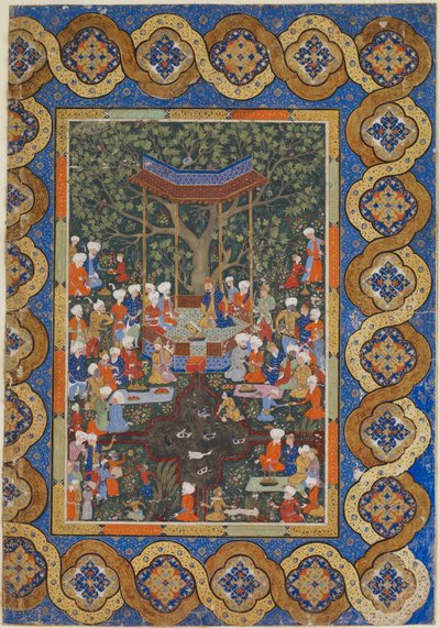 Folio da un testo non identificato; Un sovrano in un padiglione giardino circondato da cortigiani e attendenti da Persian School
