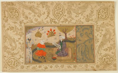 Foglio da un testo non identificato; Una Donna Conversa con un Uomo Seduto vicino a un Ruscello, Iran, c.1500 da Persian School