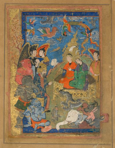 Folio da un testo non identificato; Sulayman e Bilqis sul trono, Isfahan, Iran, periodo Safavide, c.1590-1600 da Persian School