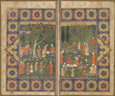Folio da un testo non identificato; verso: Una festa in un giardino, Shiraz, Iran, c.1570 da Persian School