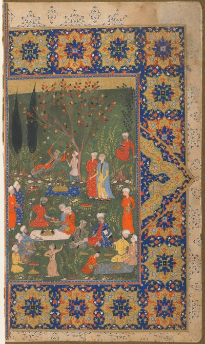 Folio da un testo non identificato; verso: Una festa in un giardino, Shiraz, Iran, c.1570 da Persian School