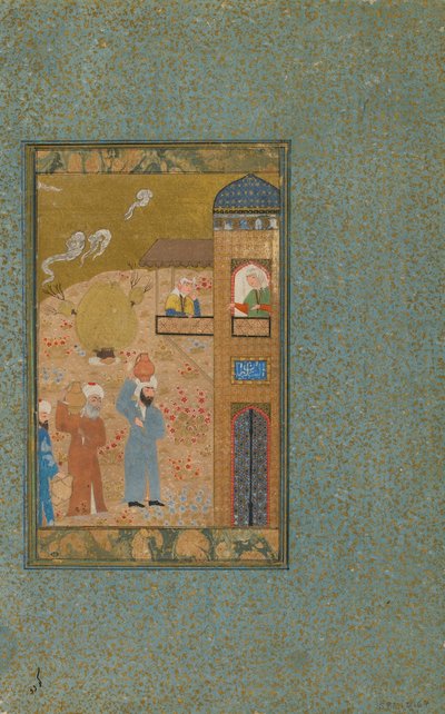 Foglio da un testo non identificato; verso: Due Uomini con Brocche che Si Avvicinano a un Edificio, Shiraz, Iran, c.1520 da Persian School