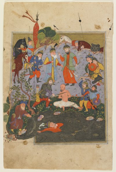 Garsivaz frustato mentre Afrasiyab viene trascinato dal lago da uno Shahnama da Persian School