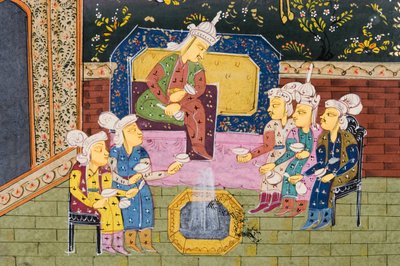 Cacciatori e favoriti che bevono con nobile o re (dettaglio) da Persian School