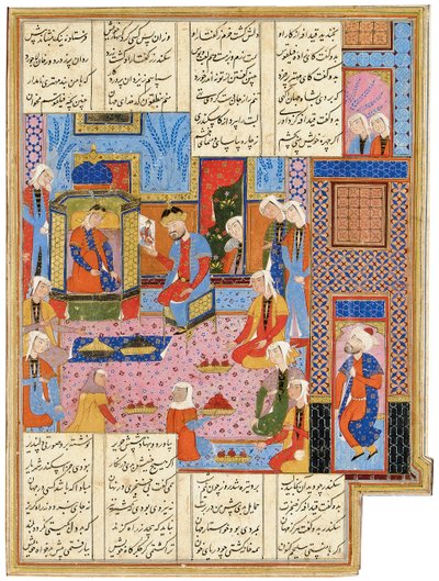 Illustrazione da un Safavid Shahnama: Alessandro, travestito da inviato, viene riconosciuto dalla regina Nushaba, Shiraz, Iran, 1650-1700 da Persian School
