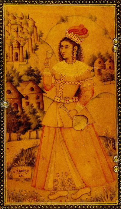 Interno di una custodia per specchio dipinta con una dama europea stilizzata che tiene una coppa di vino e una bottiglia, XVII secolo da Persian School