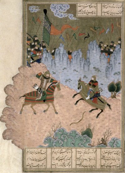 Isfandiyar ucciso da Rustam con la freccia magica, illustrazione dallo Shahnama (Libro dei Re) da Persian School