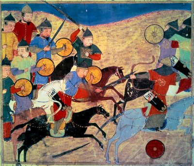 Fuga di Noqai (Kara Nogai Khan, pronipote di Gengis Khan, morto nel 1299). Cavalieri mongoli. Manoscritto persiano illustrato 