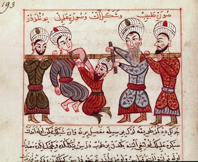 Medicina: intervento ortopedico. Miniatura tratta da un manoscritto di medicina turca di Charaf-ed-din (Charaf ed Din) (1404-1468) dopo "La Chirurgia Imperiale" (Ms Sup Turk 693 fol. 193) 1466 Parigi, B.N. da Persian School