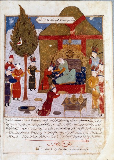 Imperatore mongolo Gengis Khan (1167-1227) sul suo trono in un campo vicino a Ilmil con i suoi nipoti Quibalai e Hule Gu Miniatura persiana tratta da Jami al-Tawarikh (Storia dell
