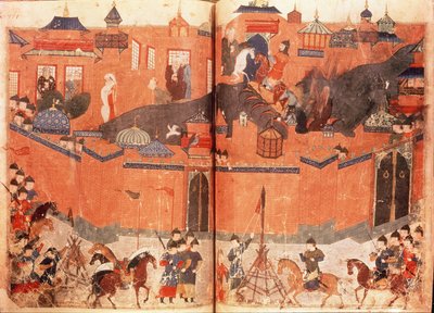 Ms.Sup.Pers.1113.f.180v-181 Mongoli sotto la guida di Hulagu Khan che assaltano e catturano Baghdad nel 1258, da un libro di Rashid al-Din da Persian School