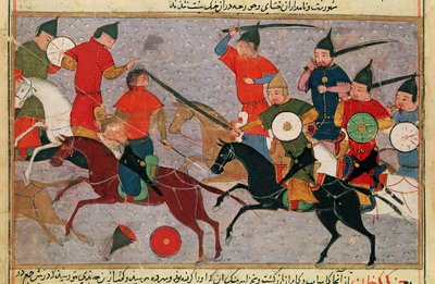 Ms Pers.113 f.49 Gengis Khan (c.1162-1227) in battaglia, da un libro di Rashid-al-Din (1247-1318) (guazzo) da Persian School
