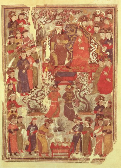 Gengis Khan e sua moglie Bortei in trono davanti ai cortigiani, dal libro Jami al Tawarikh (Storia Universale) di Rashid ad-Din (1247-1318) da Persian School