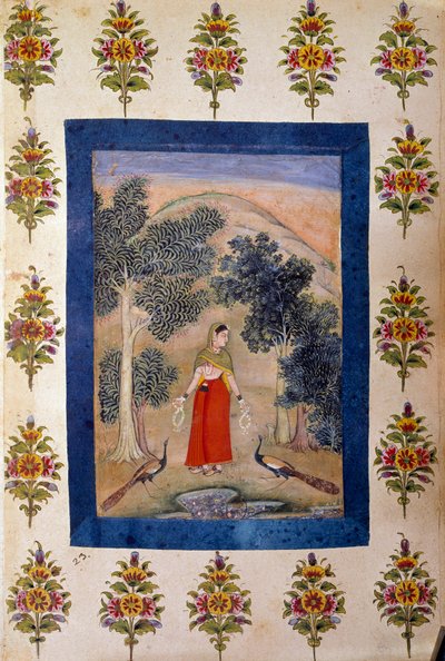 Arte persiana: donna con due collane di fiori che presenta a due pavoni da Persian School