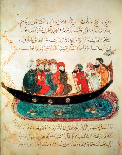 Barca persiana, che trasporta viaggiatori e guidata da rematori, sul fiume Eufrate, c.1240 da Persian School