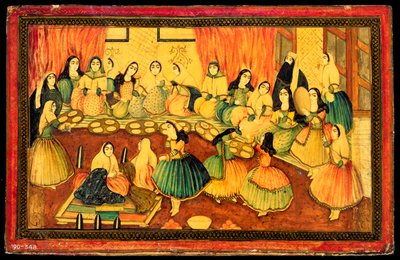 Festa sociale di signore persiane, metà di una copertina di libro, Iran, XIX secolo (cartapesta colorata con oro e inchiostro) da Persian School
