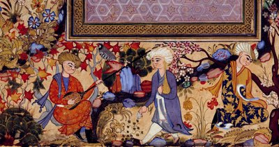 Miniatura persiana rappresentante una scena di intrattenimento con musicisti (dettaglio) da Persian School