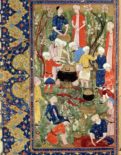 Preparazione di un pasto, illustrazione da un poema epico di Hafiz Shirazi, Safavide da Persian School