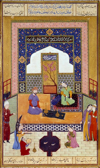 La principessa Shirin (Chirin) riceve Farhad nel suo castello. Miniatura persiana che illustra un episodio del Khamsa (Cinque poemi) di Nizami (1141-1209) XVI secolo. Parigi, Louvre da Persian School
