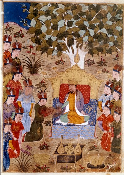 Rappresentazione di Chaghtai Khan sul trono da Persian School