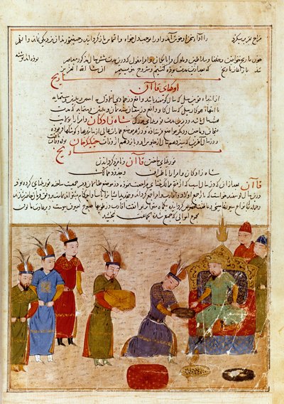 Rappresentazione di Ogodei Khan, figlio di Gengis Khan. Miniatura persiana tratta da "Jami al-tawarikh" o "Storia Universale" dello storico Rashid al-din da Persian School