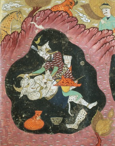 Rostam che uccide il Demone Bianco in una caverna, illustrazione dallo Shahnama (Libro dei Re) di Abul-Qasim Manur Firdawsi (c.934-c.1020) 1615 da Persian School