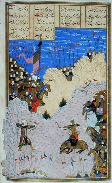 Rustam spara ad Ashkabus e al suo cavallo, illustrazione dallo 