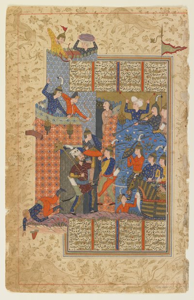Rustam e i suoi uomini attaccano il palazzo di Afrasiyab da uno Shahnama da Persian School
