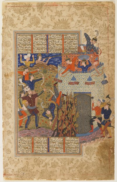 Rustam e i suoi uomini attaccano la fortezza di Gang Dizh da uno Shahnama da Persian School