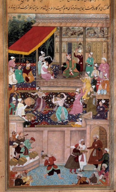 Scena di danze, musica, intrattenimento alla corte di un sultano. Miniatura persiana da Persian School
