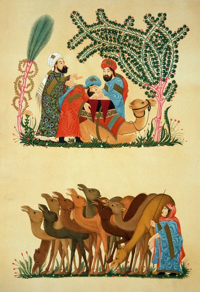 Scene tratte da un manoscritto delle Maqamat di Al-Hariri, inciso da Lestel, pubblicato da Lemercier, Parigi da Persian School