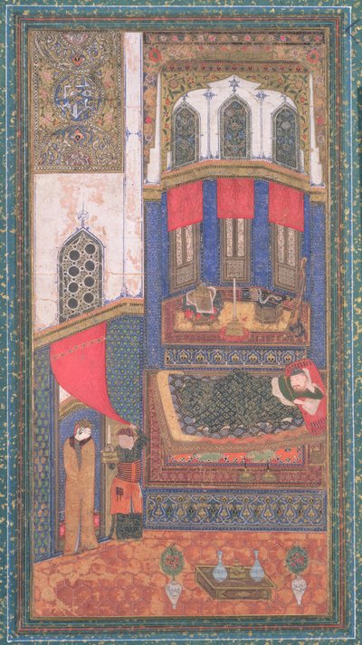 Tahmina Entra nella Camera di Rustam, illustrazione dallo Shahnama (Libro dei Re), di Abul-Qasim Manur Firdawsi (c.934-c.1020), da Herat, Afghanistan, c.1410 da Persian School