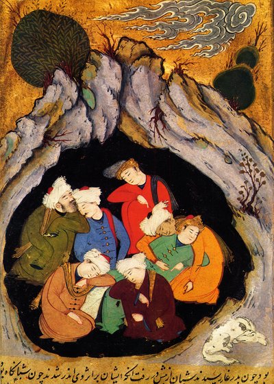 "I Sette Dormienti di Efeso" da "La Leggenda Aurea" di Jacopo da Varagine (1228-1298). Xilografia del XVI secolo. Miniatura persiana del XVI secolo del manoscritto "Storia dei Profeti", circa 1550 da Persian School