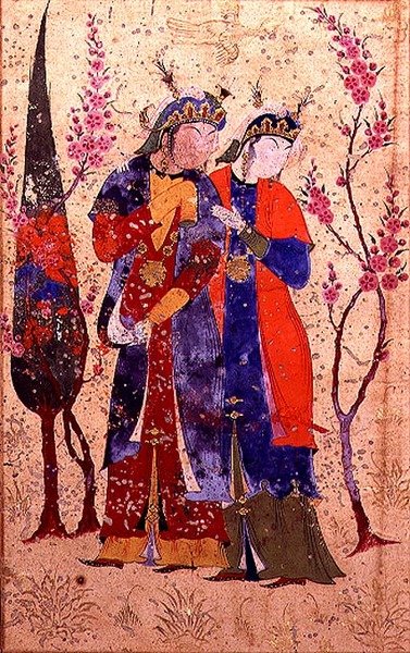 Due principesse in un paesaggio di giardino, dalla Tohfat Al-Ahrar, Scuola di Bokhara da Persian School