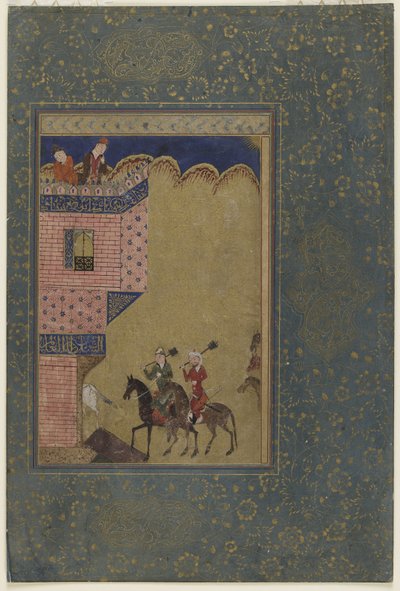 Due cavalieri con mazze che si avvicinano a un castello, c.1417-18 da Persian School