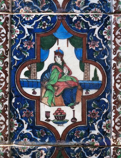 Donna seduta, piastrella di ceramica dipinta, civiltà persiana da Persian School
