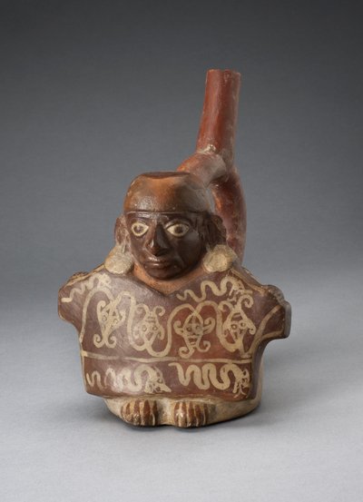 Vaso con beccuccio a staffa raffigurante uomo che tiene un tessuto decorato, 100 a.C.-A.D. 500 da Peruvian School
