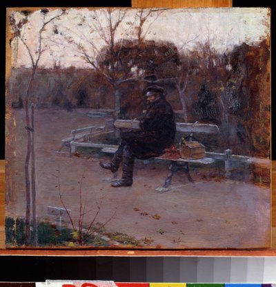 Sul boulevard. Un uomo solo, seduto su una panchina al freddo, vicino a lui, un fagotto e una cassetta degli attrezzi. Dipinto di Pyotr Alexandrovich Nilus (1869-1940/1943) da Peter Alexandrovich Nilus
