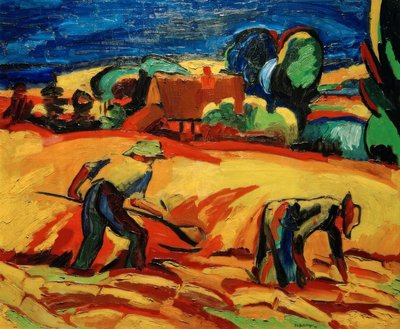 I miei genitori durante la raccolta del grano davanti alla casa da Peter August Böckstiegel