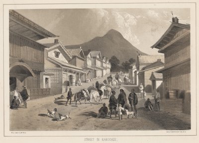 Strada a Hakodadi, litografia di Sarony und Co., 1855 da Peter Bernhard Wilhelm Heine