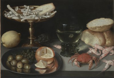 Natura morta con frutta, dolci, crostacei, un bicchiere e un topo, c.1620 da Peter Binoit