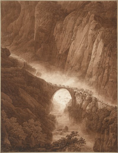 Il ponte del diavolo nella gola di Schöllenen sulla strada del passo del San Gottardo con un treno di muli da Peter Birmann