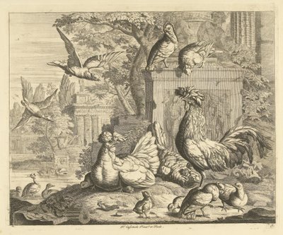 Gallo, gallina con pulcini e altri uccelli in un giardino con rovine antiche da Peter Casteels (III)
