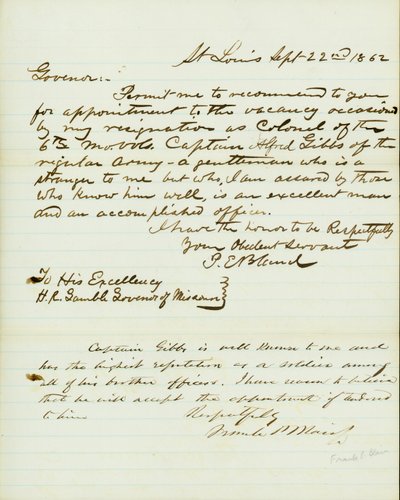 Lettera firmata P.E. Bland, St. Louis, a H.R. Gamble, Governatore del Missouri, 22 settembre 1862 da Peter E. Bland