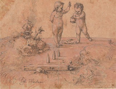 Due bambini che giocano con una palla da Peter Flötner